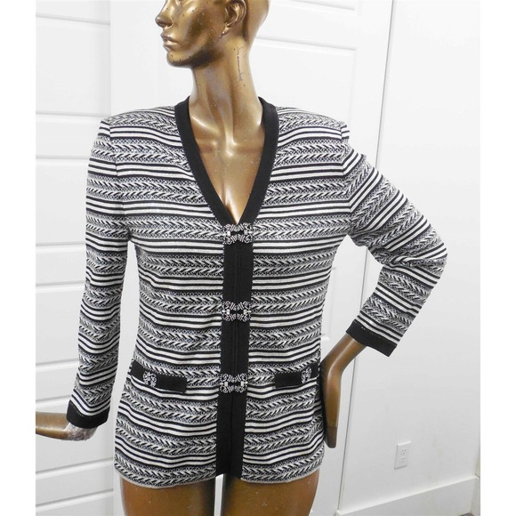 St John Evening sz 12 Black Silver‎ Knit Jeweled Paillette Full Zip Jacket USA - Picture 1 of 5